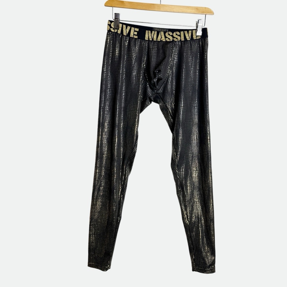Andrew Christian Massive Glam Leggings Gold Black Metallic Snake Small